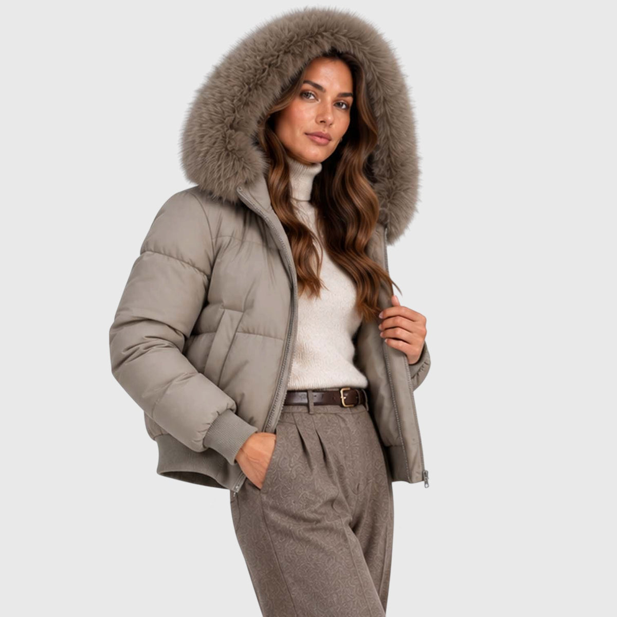 Monvaline | Women's Faux Fur Collar Puffer Jacket Full Zip Winter Coat
