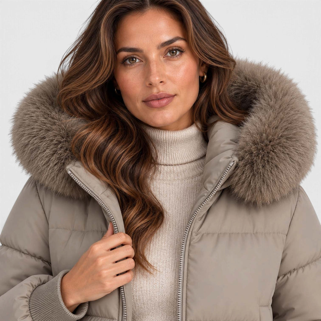 Monvaline | Women's Faux Fur Collar Puffer Jacket Full Zip Winter Coat