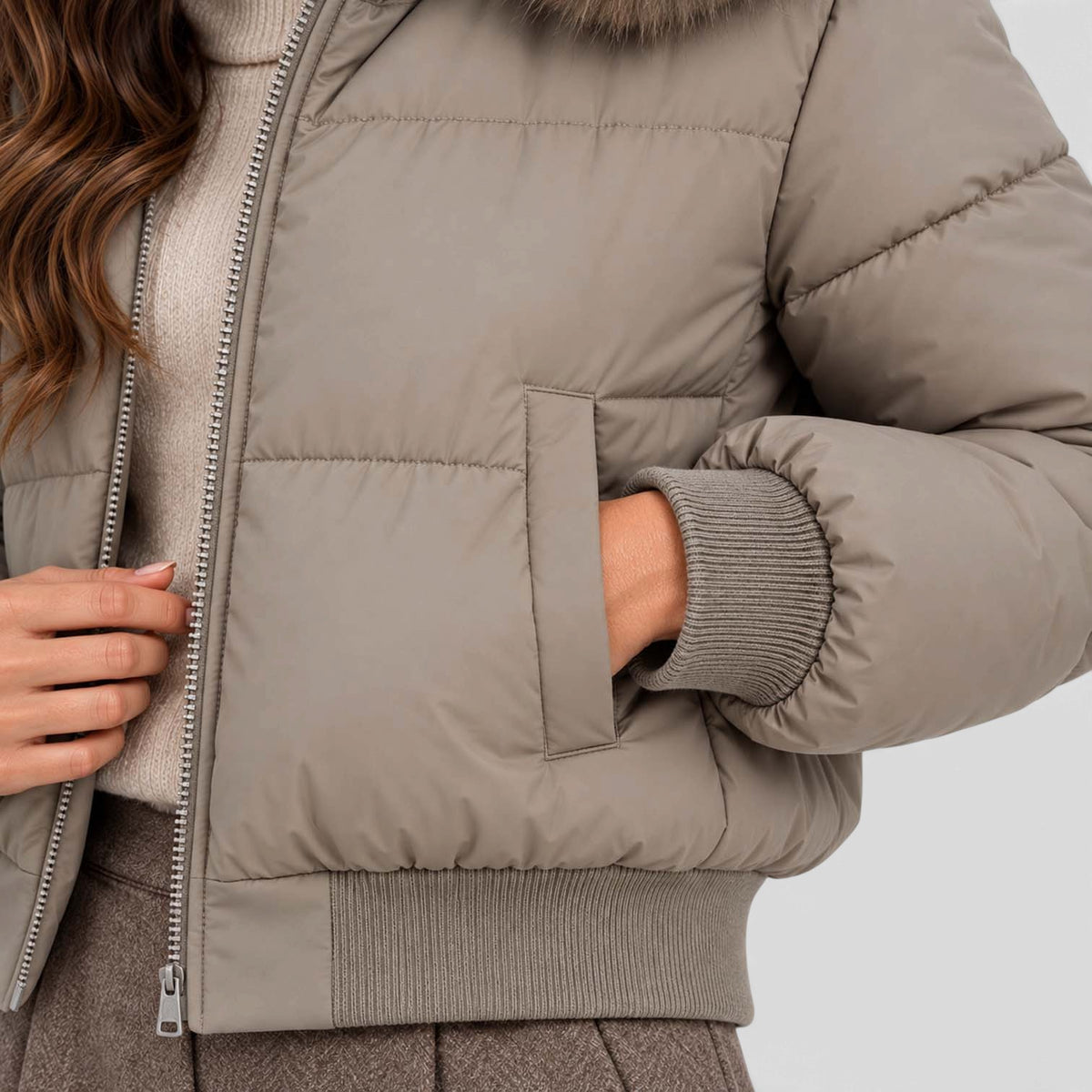 Monvaline | Women's Faux Fur Collar Puffer Jacket Full Zip Winter Coat
