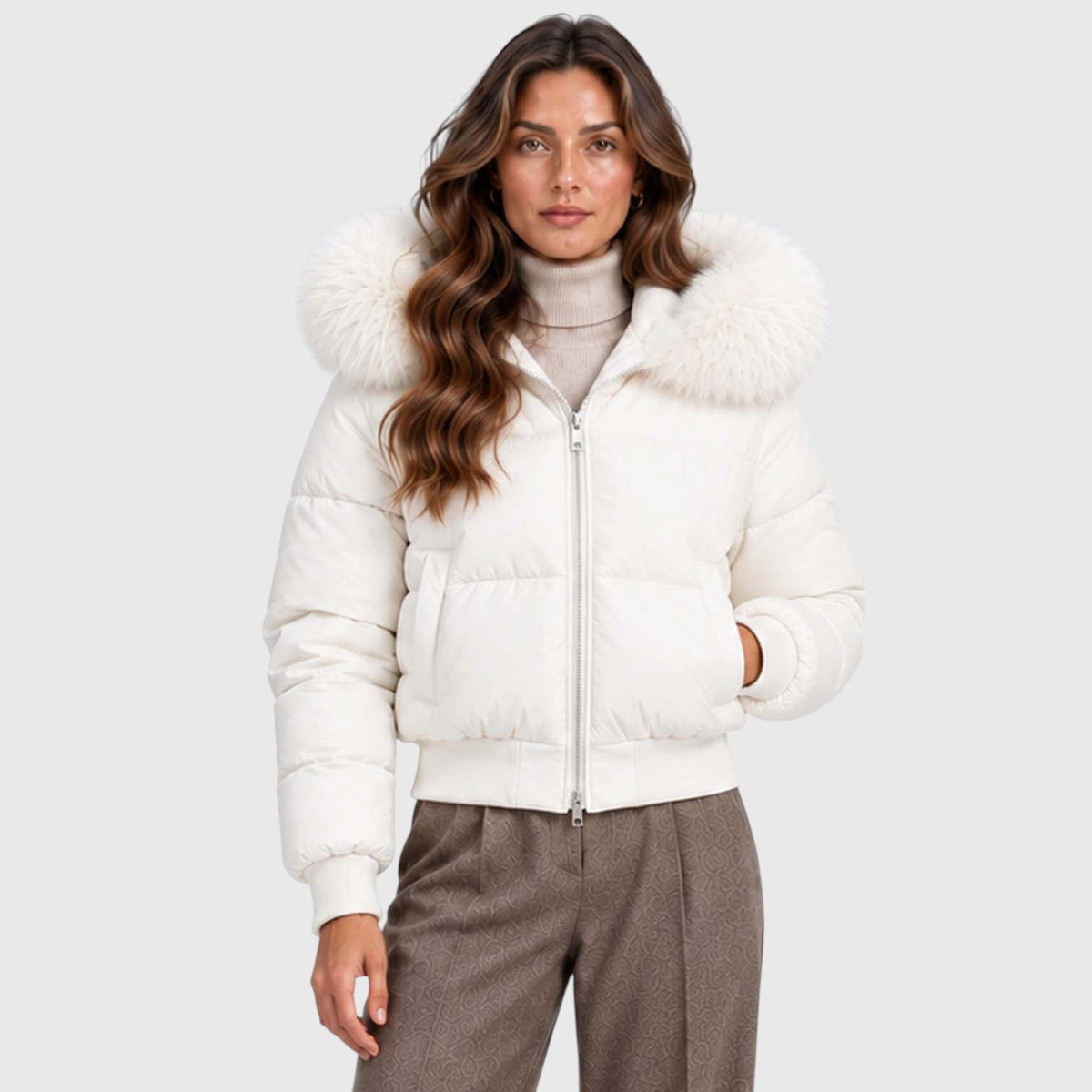 Monvaline | Women's Faux Fur Collar Puffer Jacket Full Zip Winter Coat