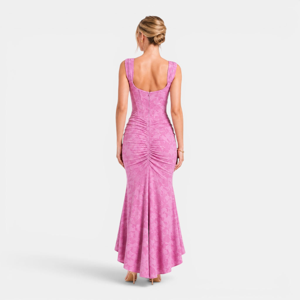 Monvaline | Women's Floral Corset Maxi Dress Sculpted Fit High-Low Hem