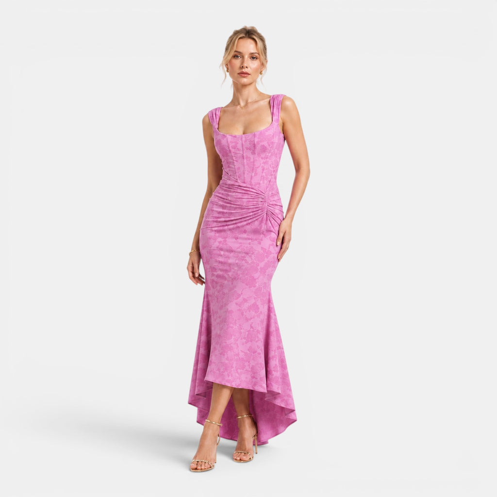 Monvaline | Women's Floral Corset Maxi Dress Sculpted Fit High-Low Hem