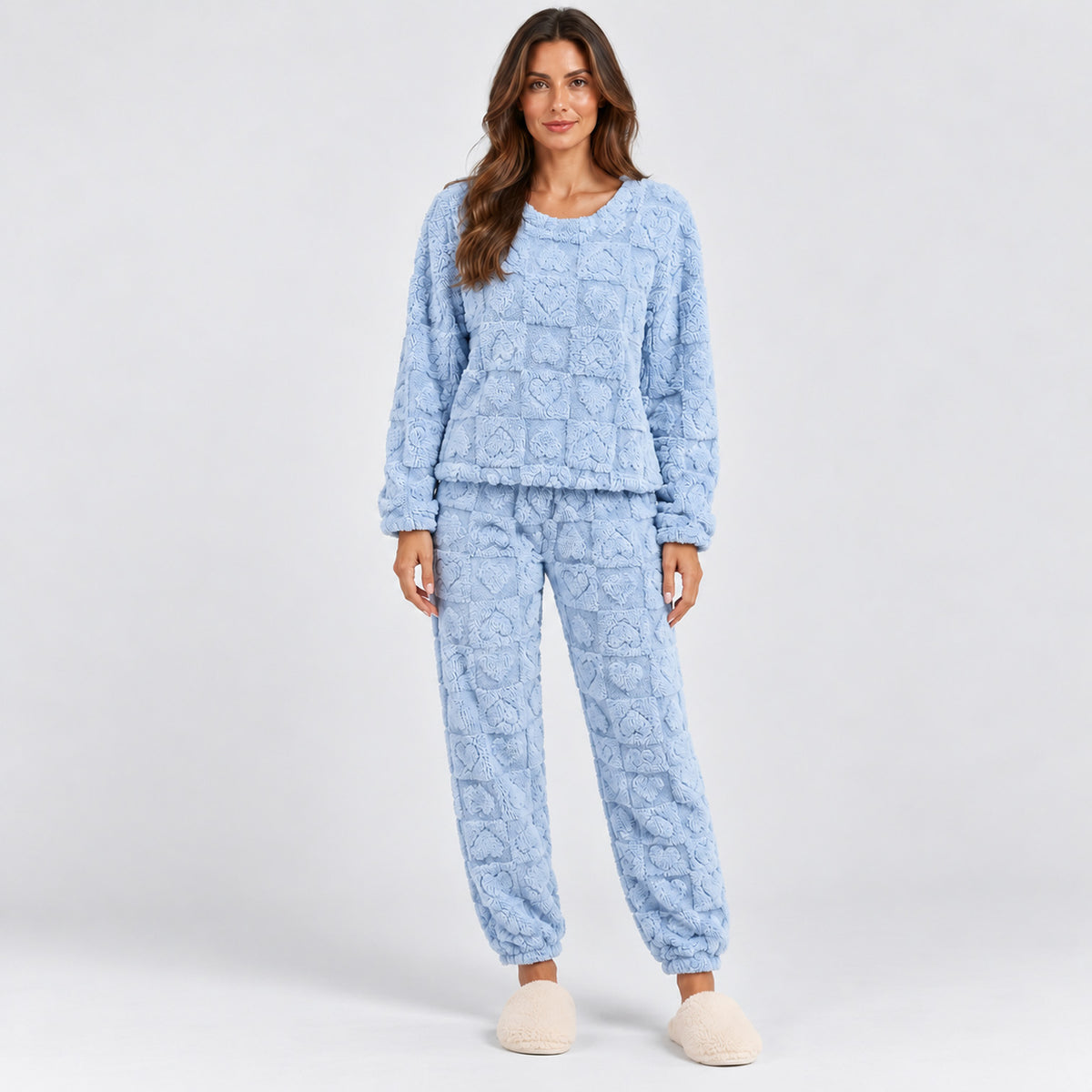 Monvaline | Women's Heart Jacquard Loungewear – Fleece Pyjama Set