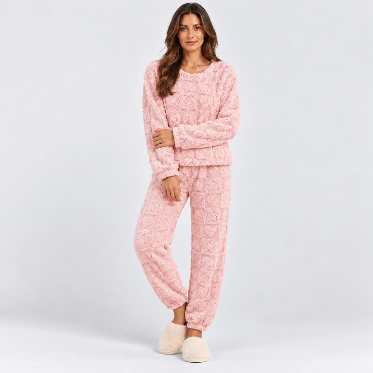 Monvaline | Women's Heart Jacquard Loungewear – Fleece Pyjama Set