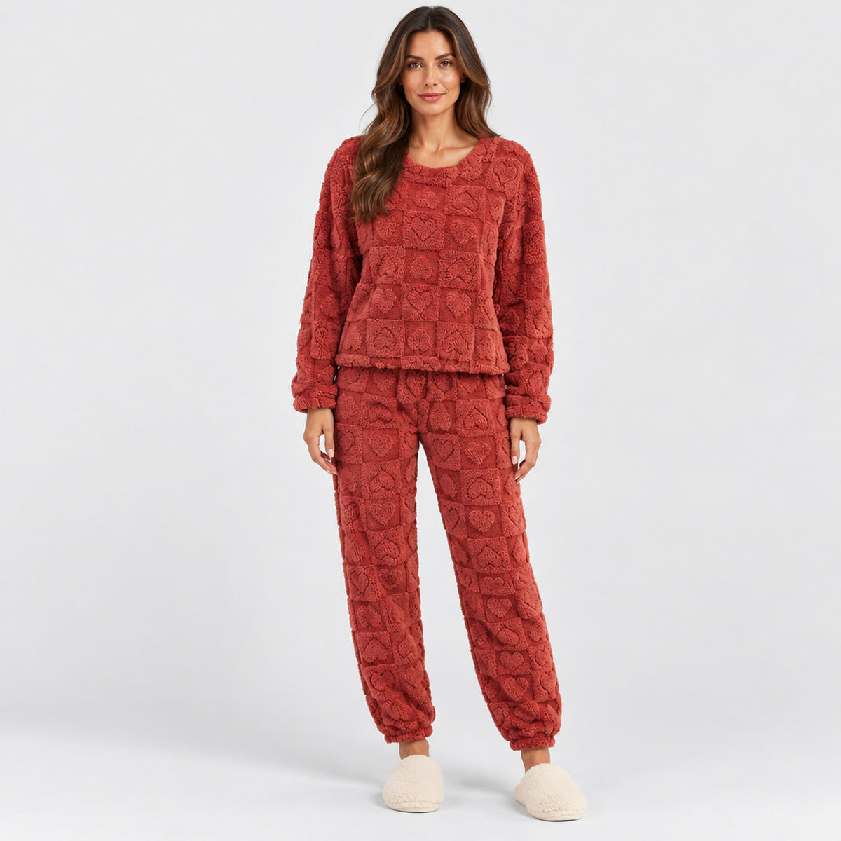 Monvaline | Women's Heart Jacquard Loungewear – Fleece Pyjama Set