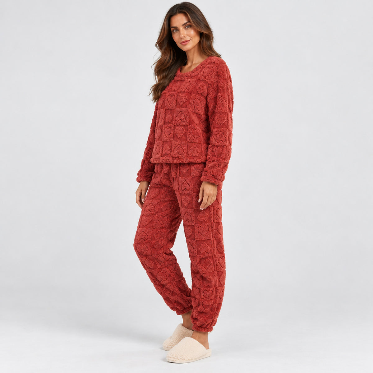 Monvaline | Women's Heart Jacquard Loungewear – Fleece Pyjama Set