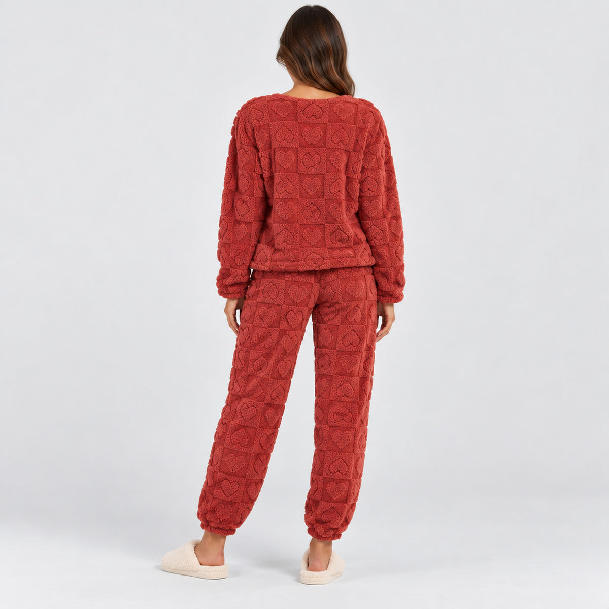 Monvaline | Women's Heart Jacquard Loungewear – Fleece Pyjama Set