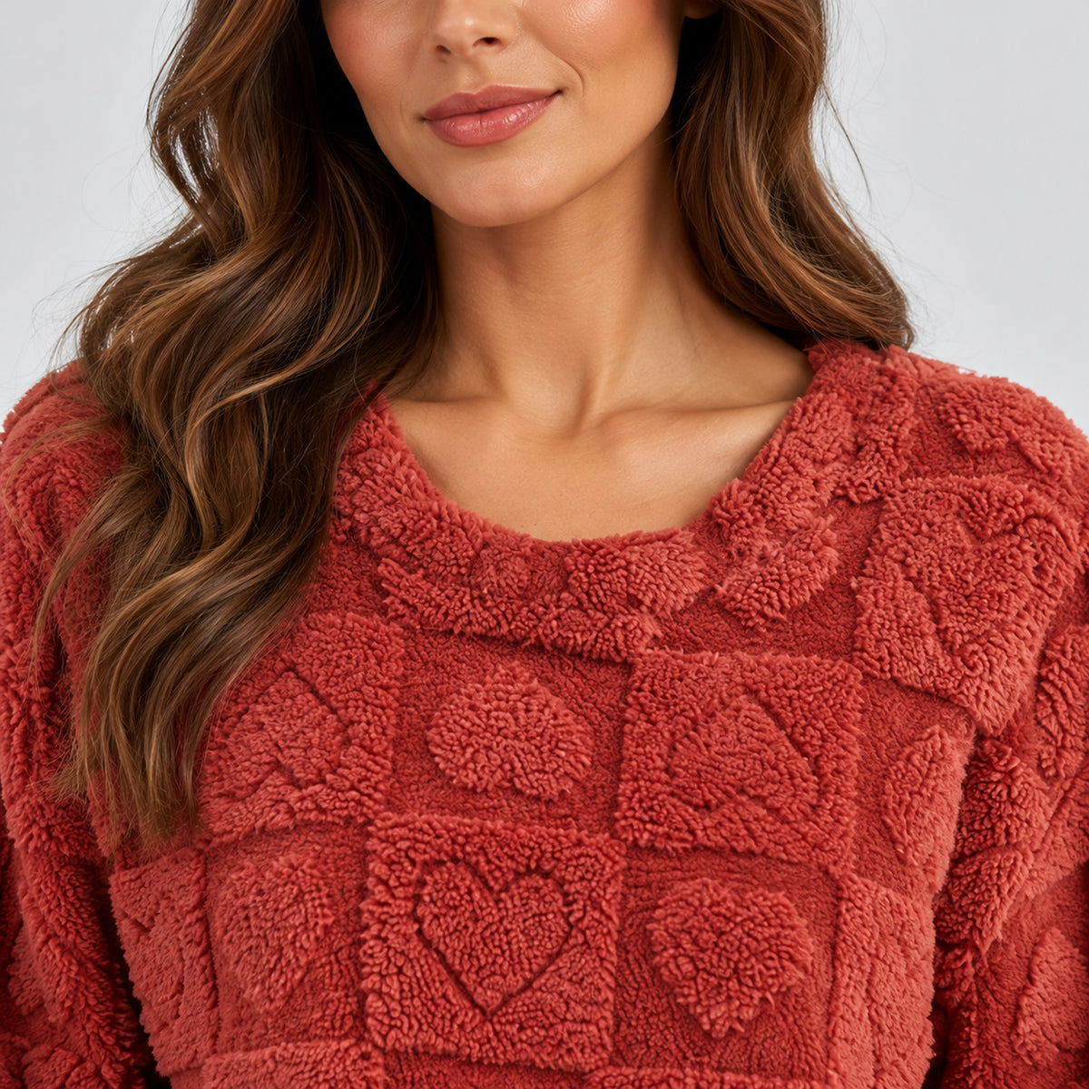 Monvaline | Women's Heart Jacquard Loungewear – Fleece Pyjama Set