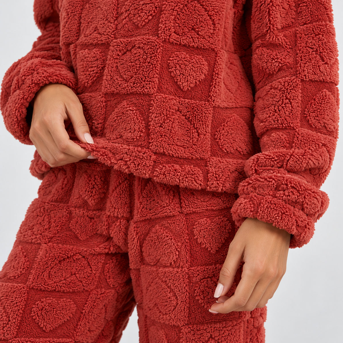 Monvaline | Women's Heart Jacquard Loungewear – Fleece Pyjama Set