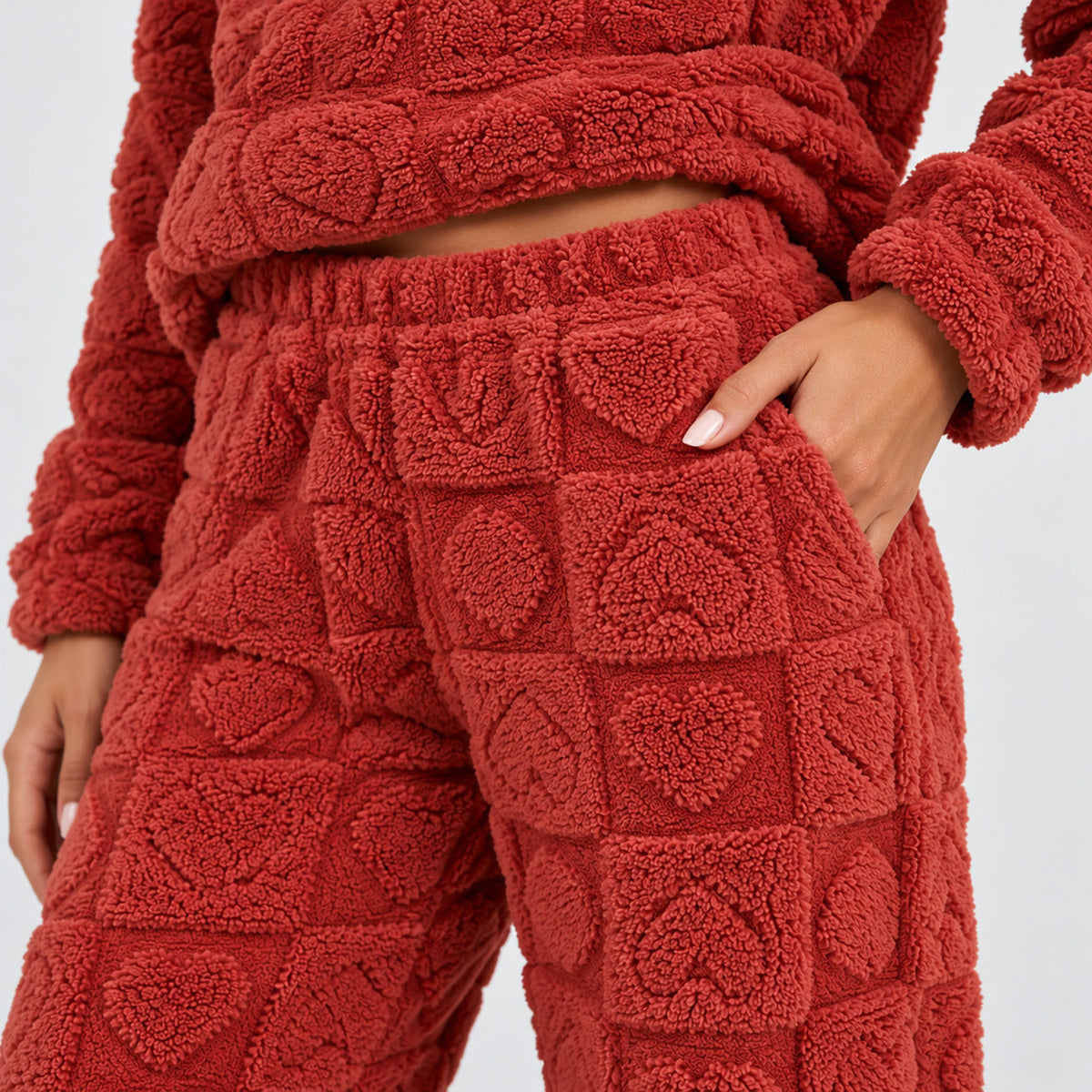 Monvaline | Women's Heart Jacquard Loungewear – Fleece Pyjama Set