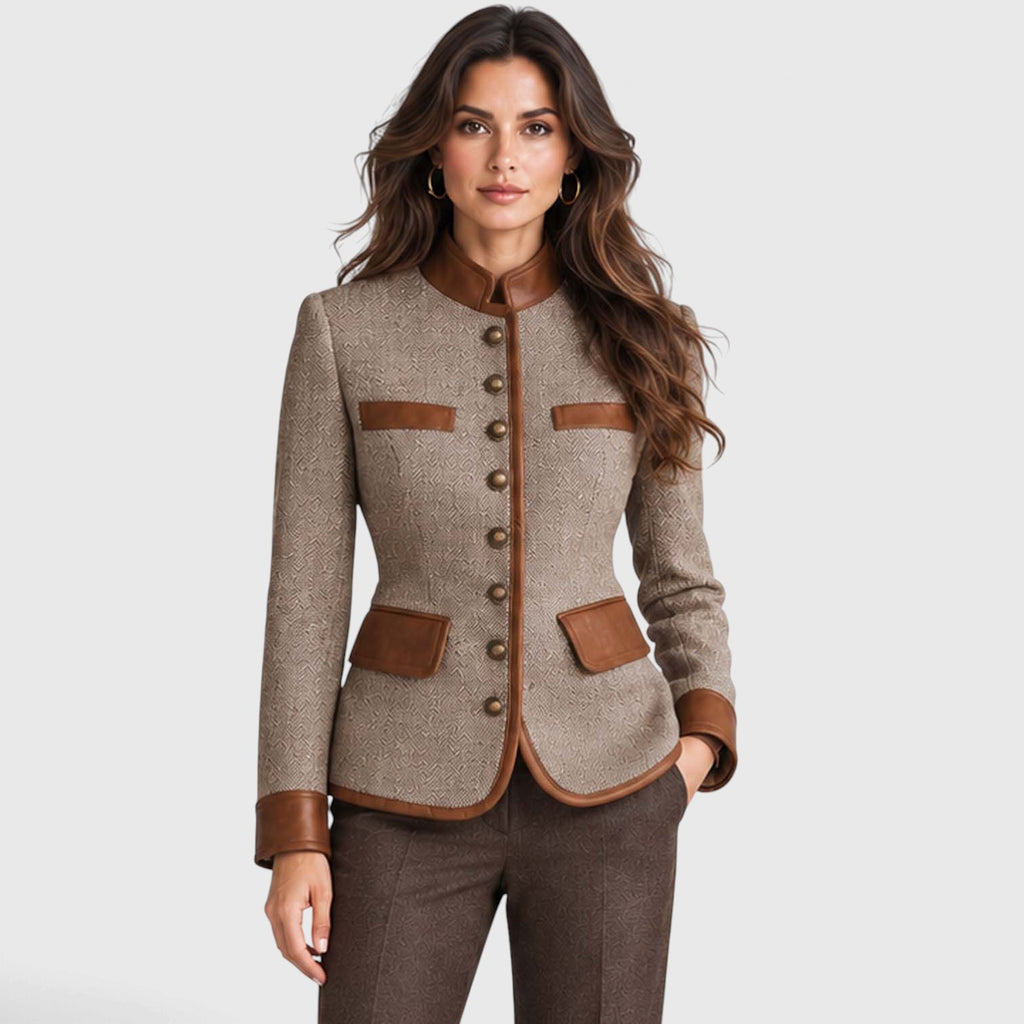 Monvaline | Women's Herringbone Tweed Jacket Leather Trim