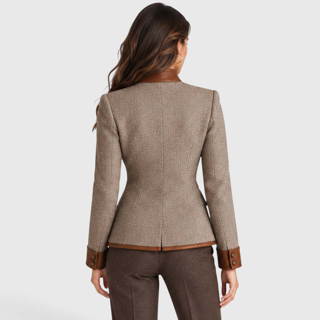 Monvaline | Women's Herringbone Tweed Jacket Leather Trim