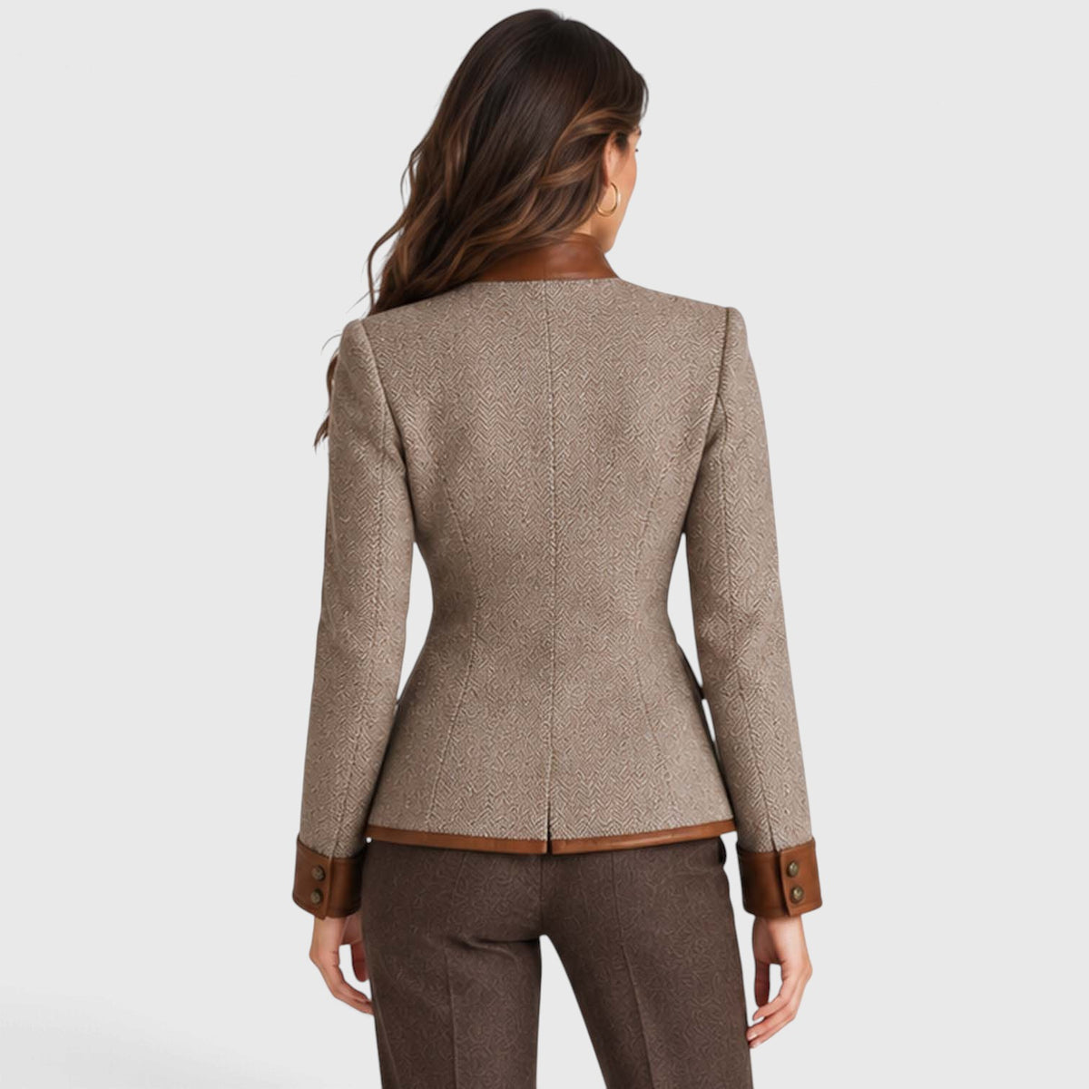 Monvaline | Women's Herringbone Tweed Jacket Leather Trim
