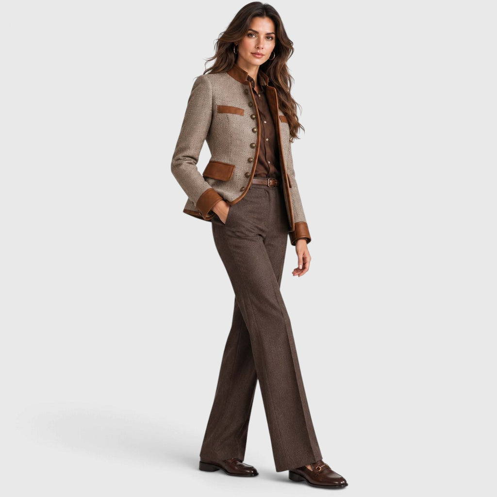 Monvaline | Women's Herringbone Tweed Jacket Leather Trim
