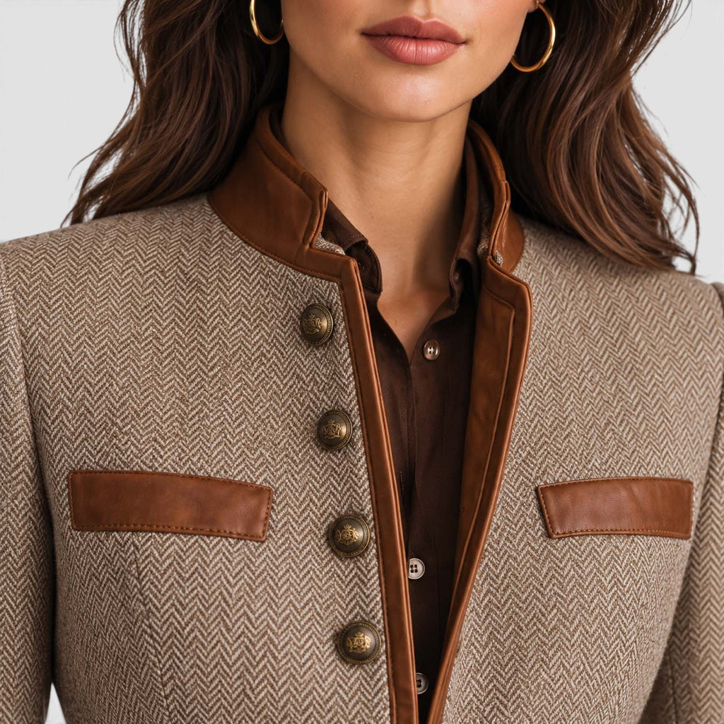 Monvaline | Women's Herringbone Tweed Jacket Leather Trim