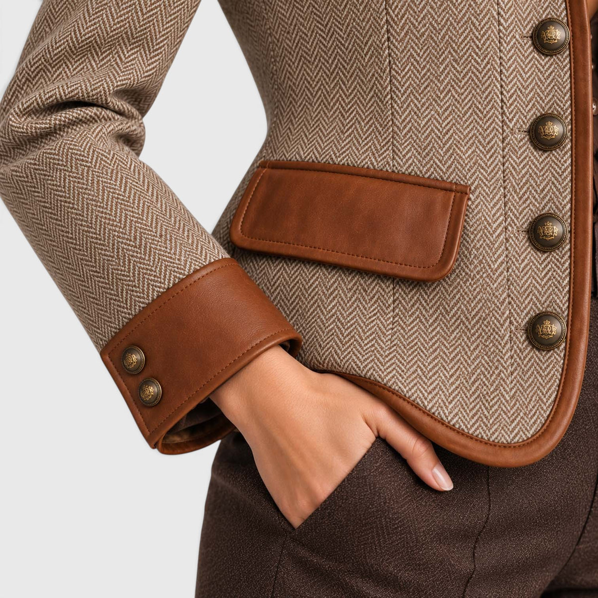 Monvaline | Women's Herringbone Tweed Jacket Leather Trim