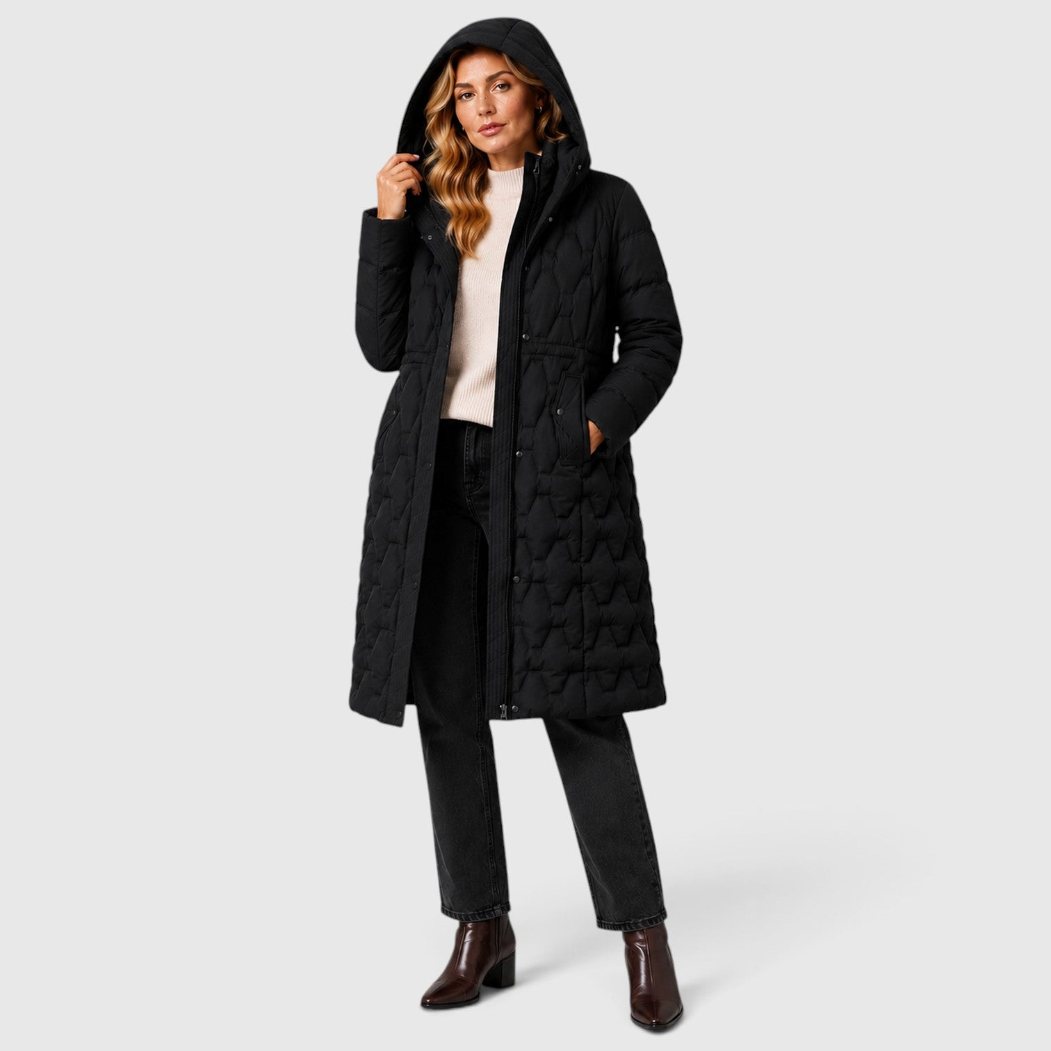 Monvaline | Women's Hooded Long Puffer Coat – Quilted Winter Jacket