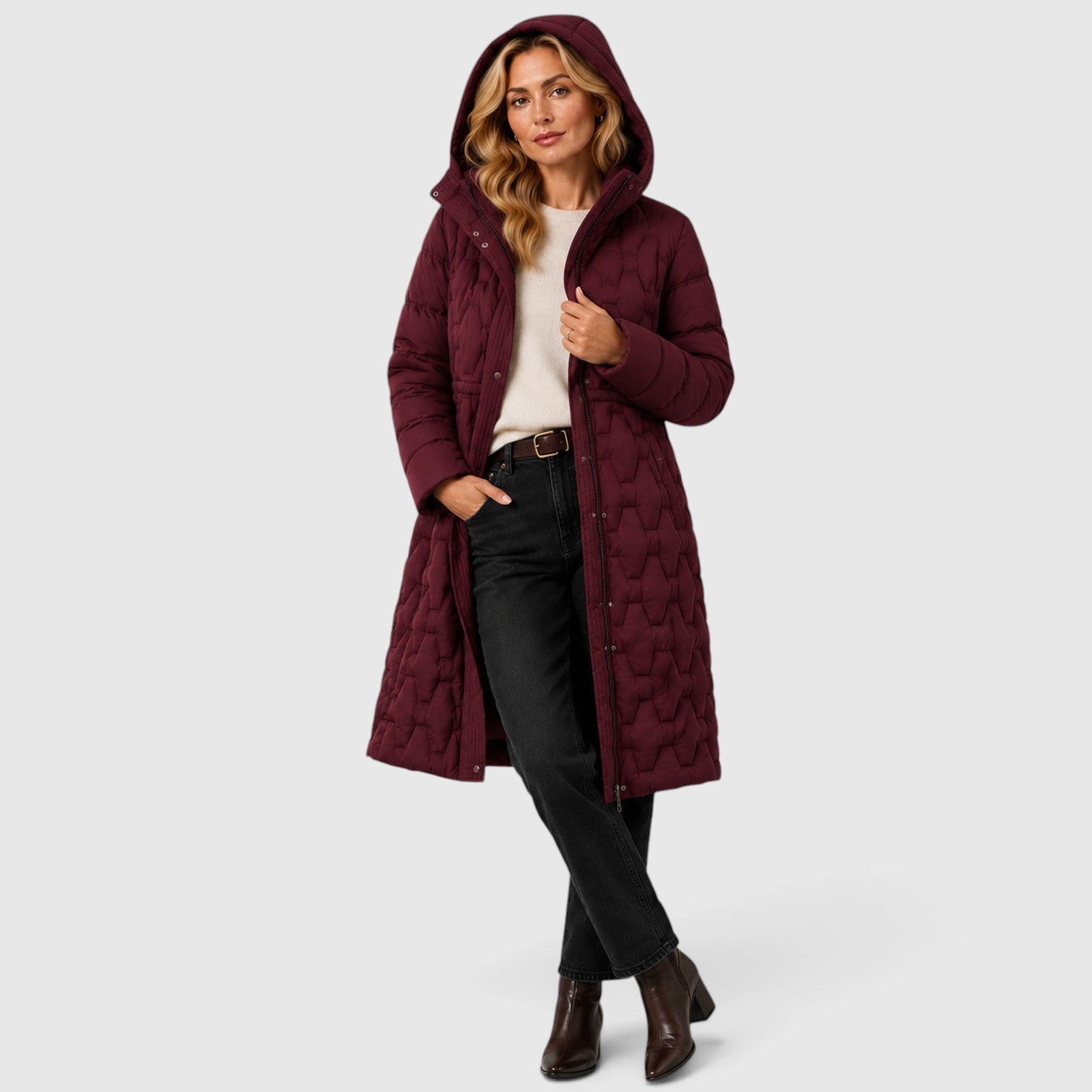 Monvaline | Women's Hooded Long Puffer Coat – Quilted Winter Jacket