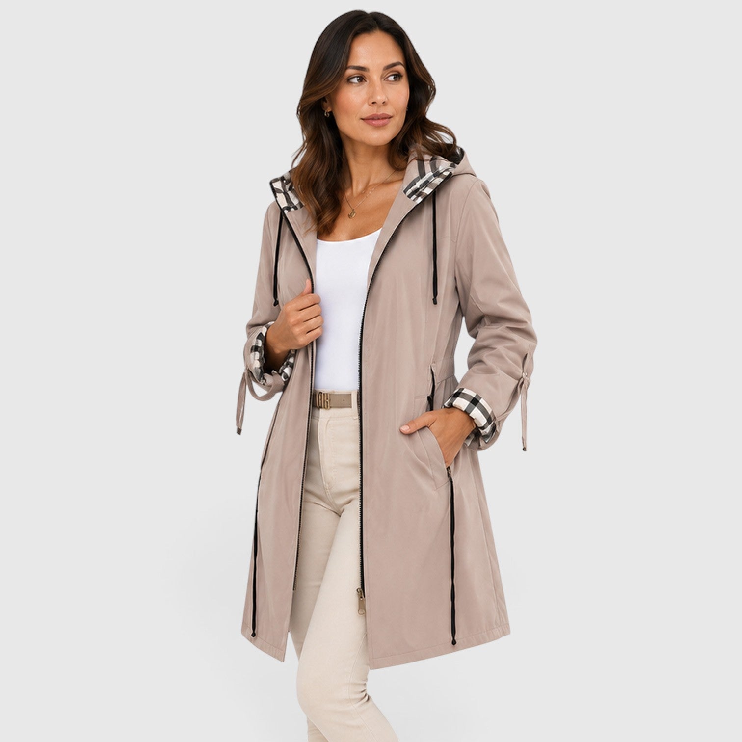 Monvaline | Women's Hooded Longline Zip Jacket – Adjustable Drawstring Waist