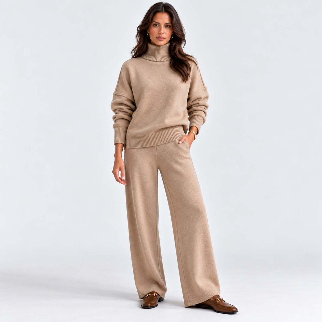 Monvaline | Women's Knitted Co-Ord Set Turtleneck & Wide-Leg Pants