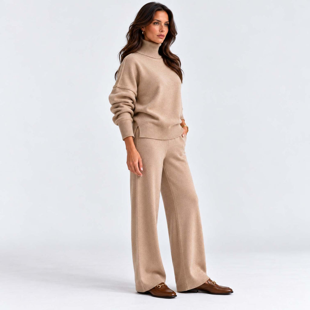 Monvaline | Women's Knitted Co-Ord Set Turtleneck & Wide-Leg Pants