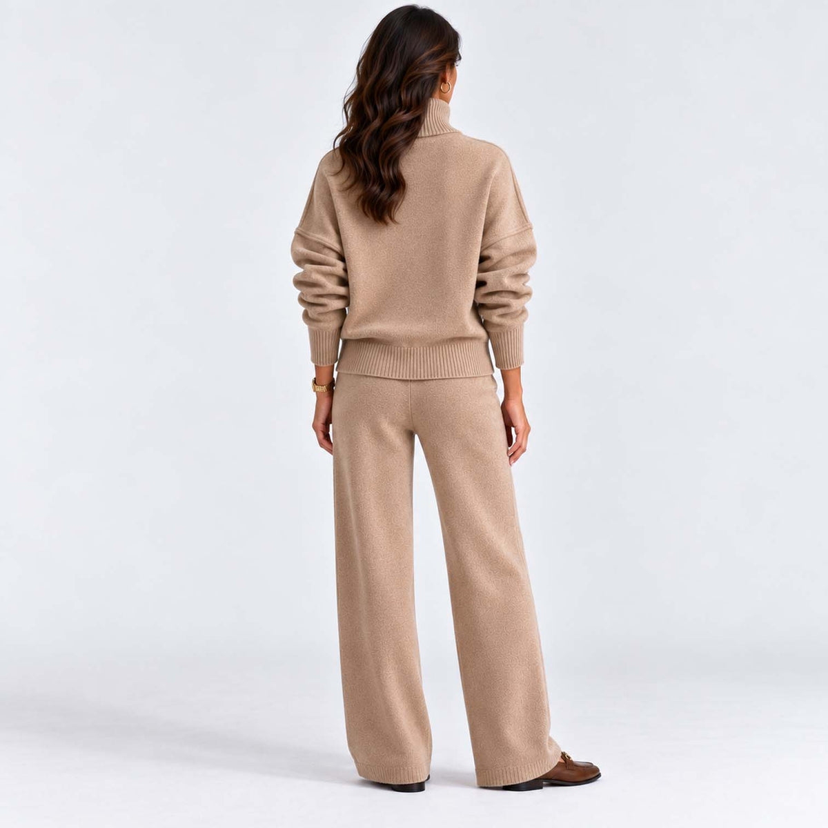 Monvaline | Women's Knitted Co-Ord Set Turtleneck & Wide-Leg Pants
