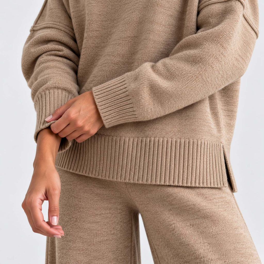 Monvaline | Women's Knitted Co-Ord Set Turtleneck & Wide-Leg Pants