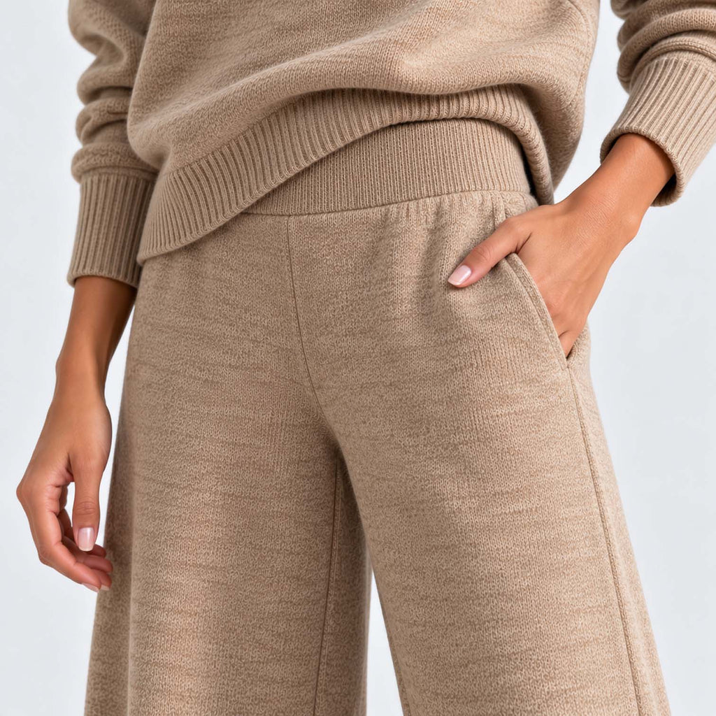 Monvaline | Women's Knitted Co-Ord Set Turtleneck & Wide-Leg Pants