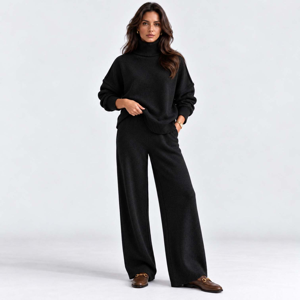 Monvaline | Women's Knitted Co-Ord Set Turtleneck & Wide-Leg Pants
