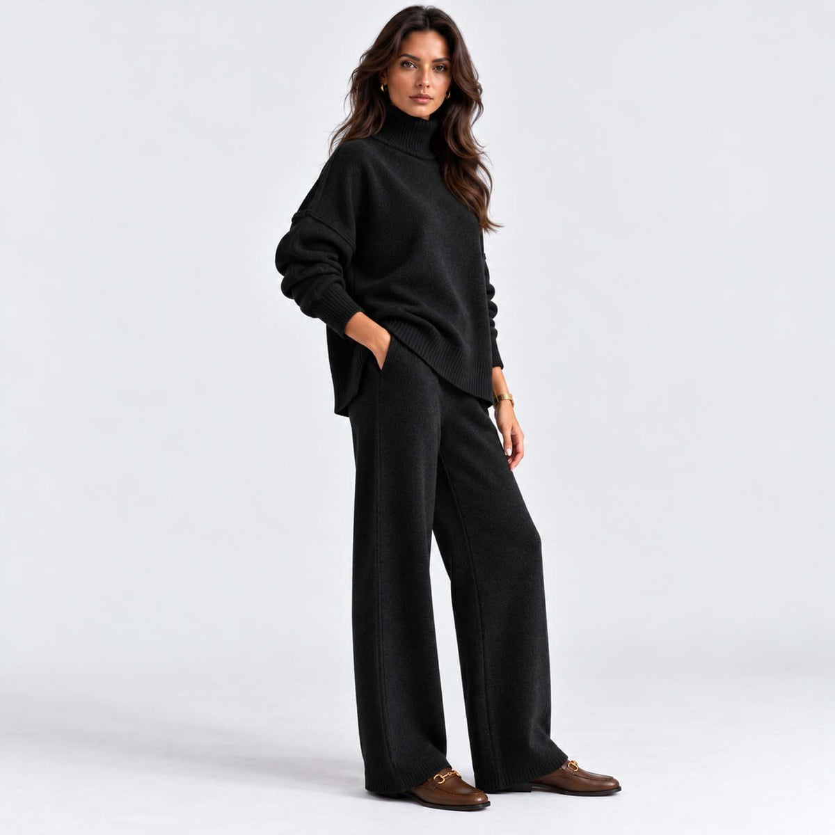 Monvaline | Women's Knitted Co-Ord Set Turtleneck & Wide-Leg Pants