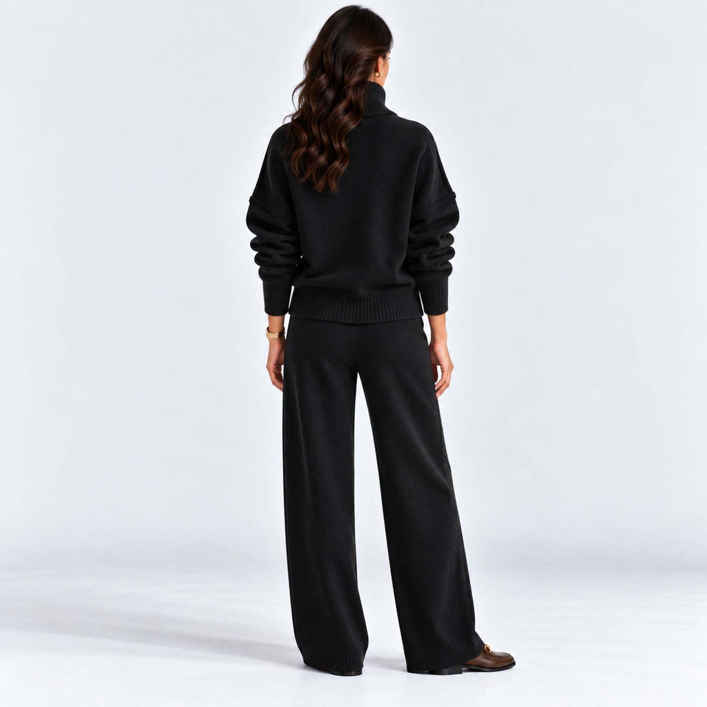 Monvaline | Women's Knitted Co-Ord Set Turtleneck & Wide-Leg Pants