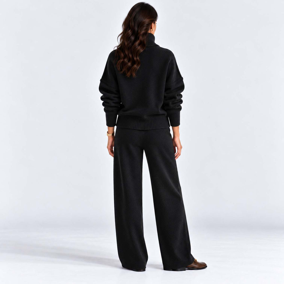 Monvaline | Women's Knitted Co-Ord Set Turtleneck & Wide-Leg Pants