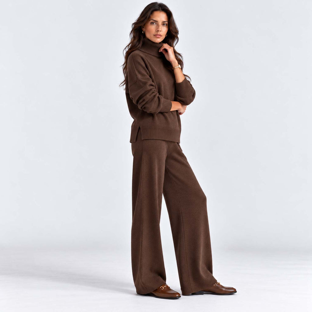 Monvaline | Women's Knitted Co-Ord Set Turtleneck & Wide-Leg Pants