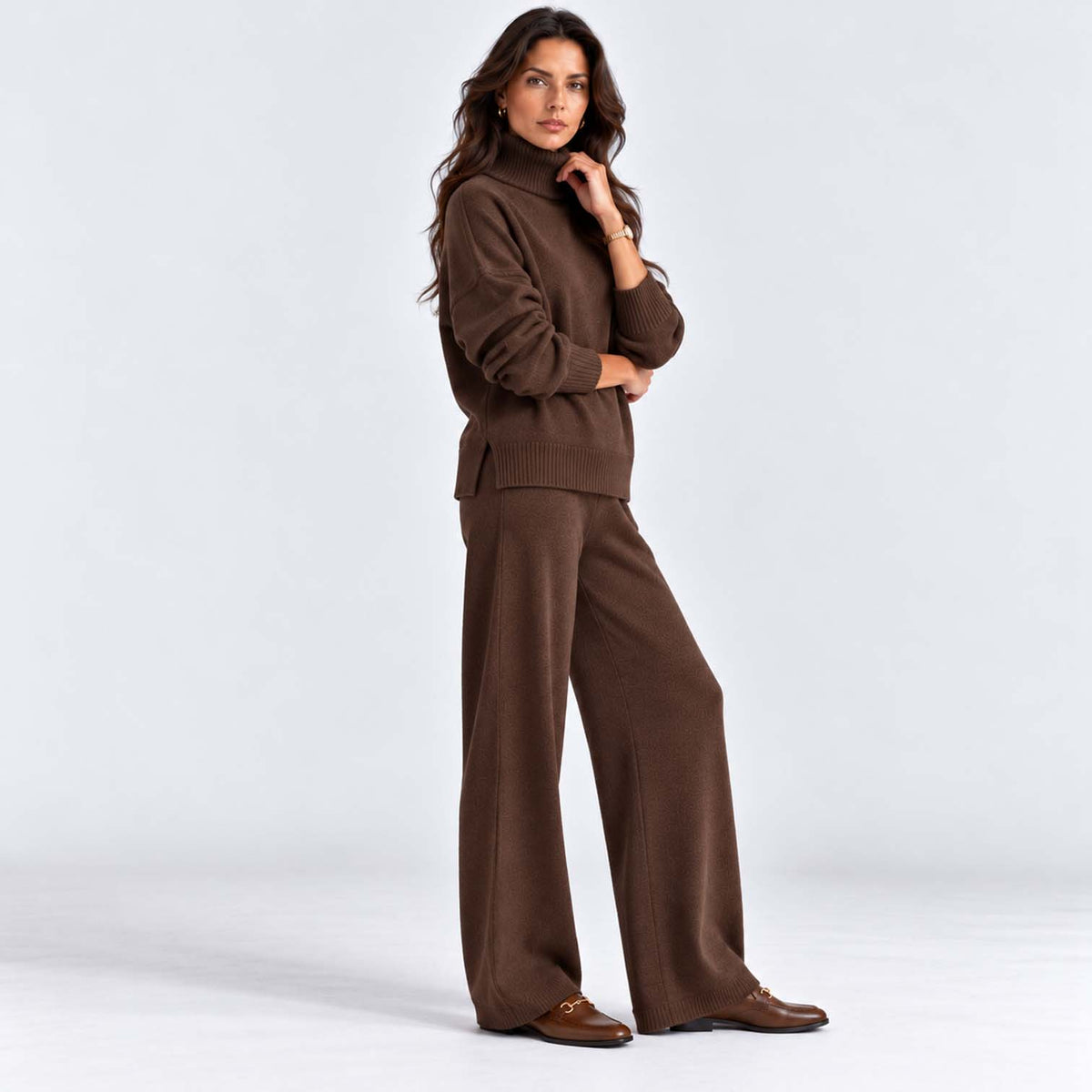 Monvaline | Women's Knitted Co-Ord Set Turtleneck & Wide-Leg Pants