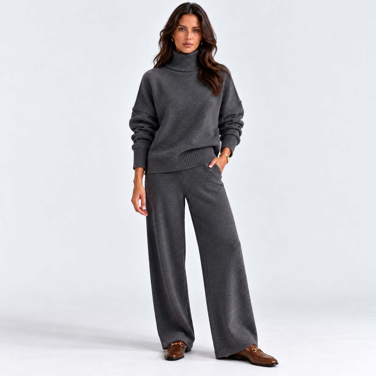 Monvaline | Women's Knitted Co-Ord Set Turtleneck & Wide-Leg Pants