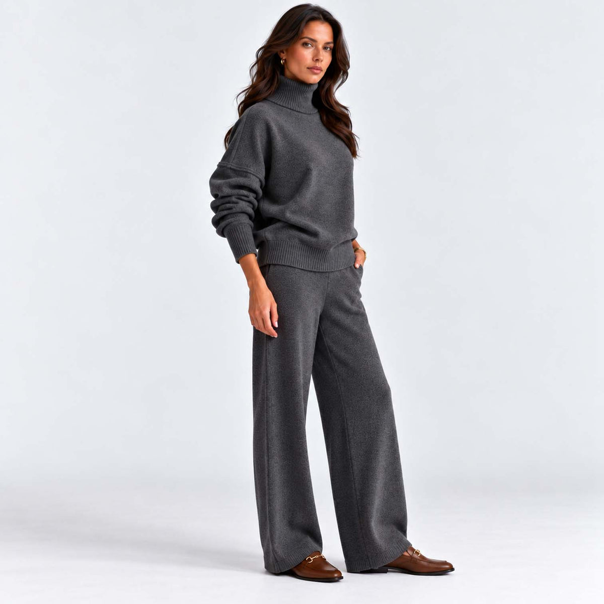 Monvaline | Women's Knitted Co-Ord Set Turtleneck & Wide-Leg Pants