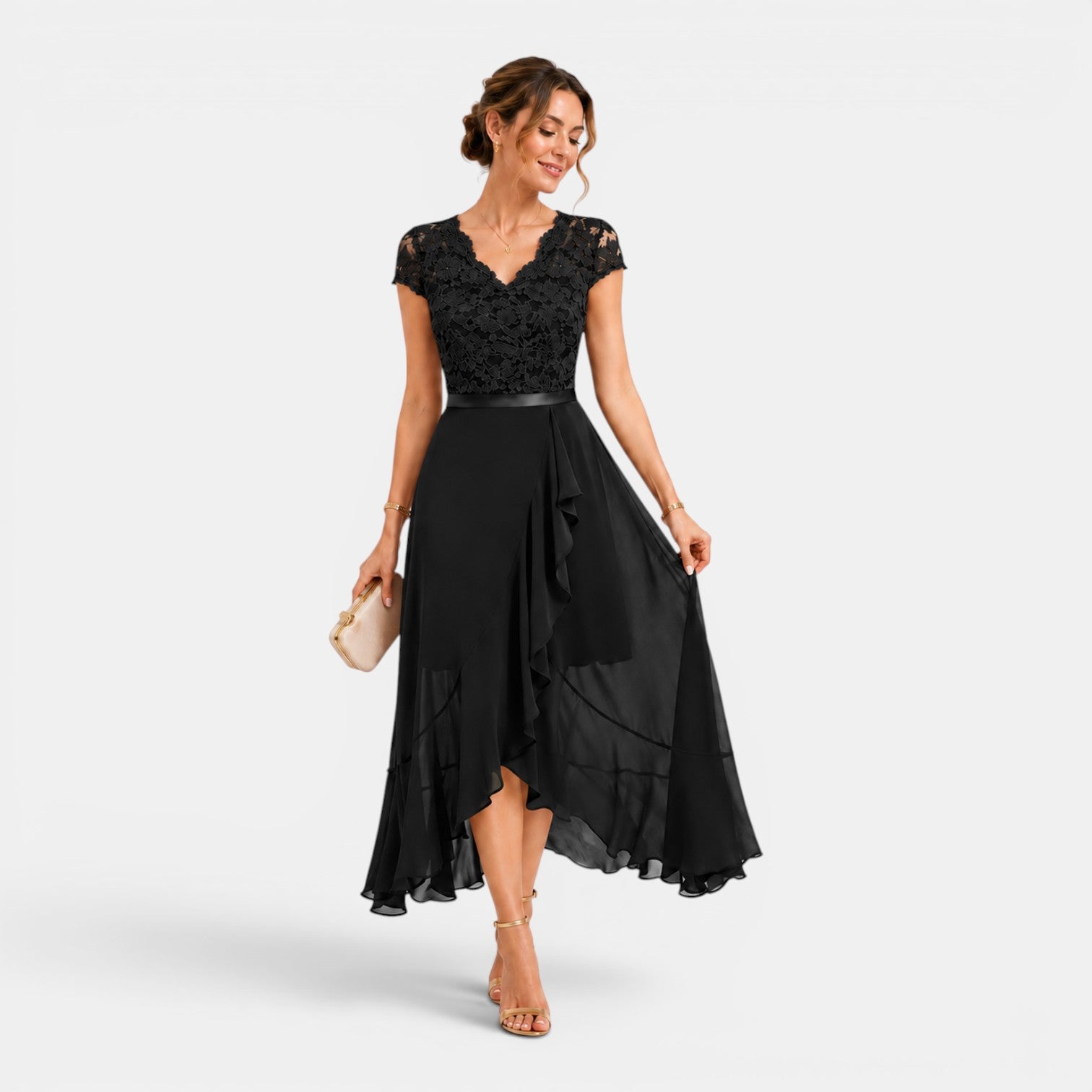 Monvaline | Women's Lace Midi Dress V-Neck Elegant A-Line High Waist Dress