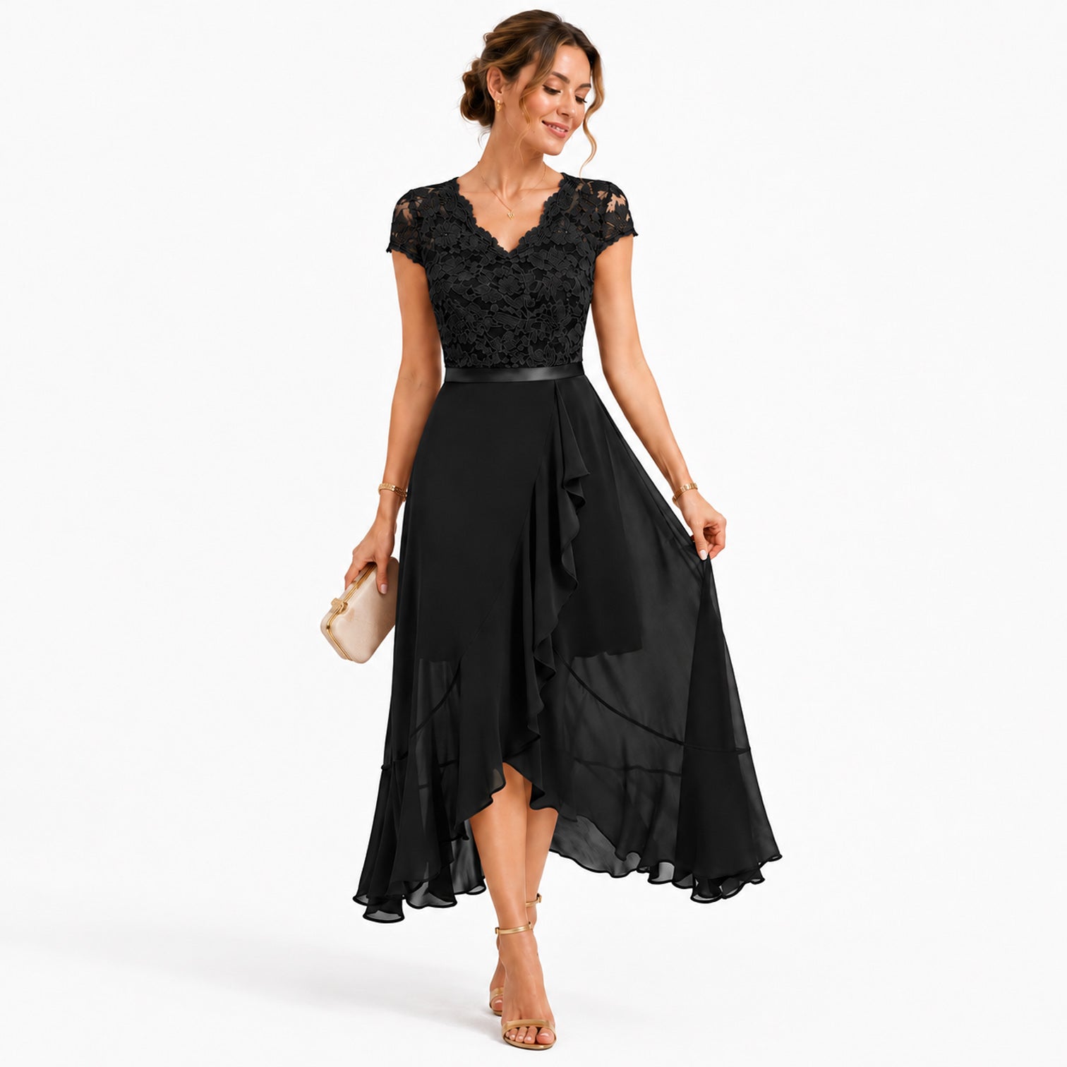 Monvaline | Women's Lace Midi Dress V-Neck Elegant A-Line High Waist Dress