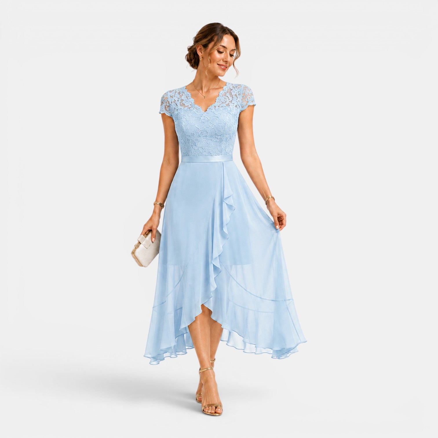 Monvaline | Women's Lace Midi Dress V-Neck Elegant A-Line High Waist Dress