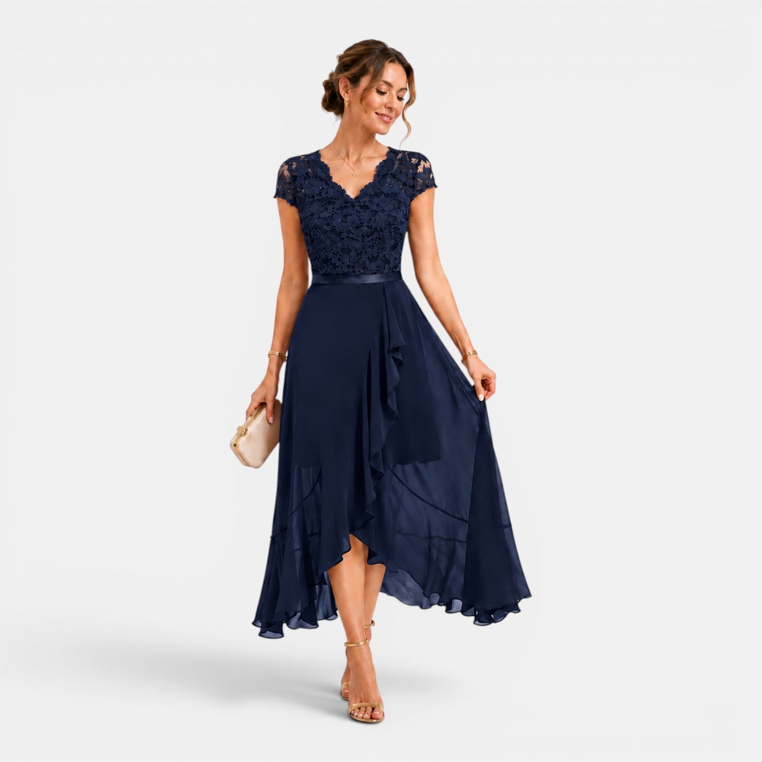 Monvaline | Women's Lace Midi Dress V-Neck Elegant A-Line High Waist Dress