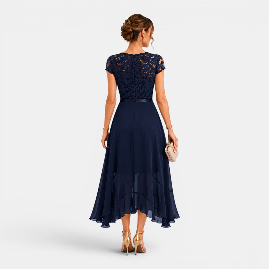 Monvaline | Women's Lace Midi Dress V-Neck Elegant A-Line High Waist Dress