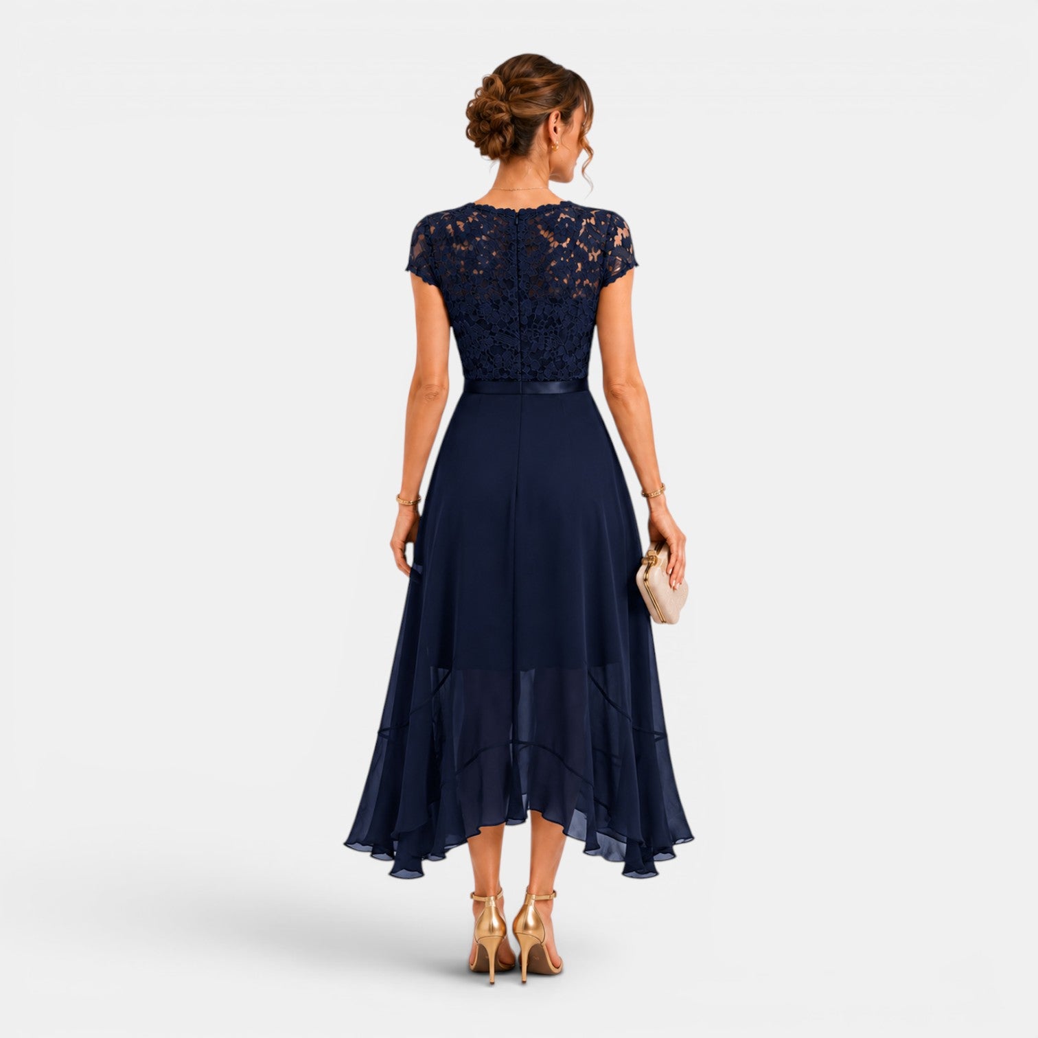 Monvaline | Women's Lace Midi Dress V-Neck Elegant A-Line High Waist Dress