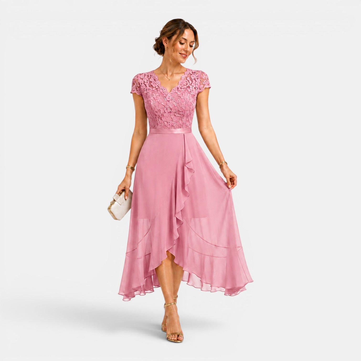 Monvaline | Women's Lace Midi Dress V-Neck Elegant A-Line High Waist Dress