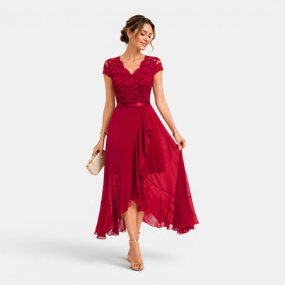 Monvaline | Women's Lace Midi Dress V-Neck Elegant A-Line High Waist Dress
