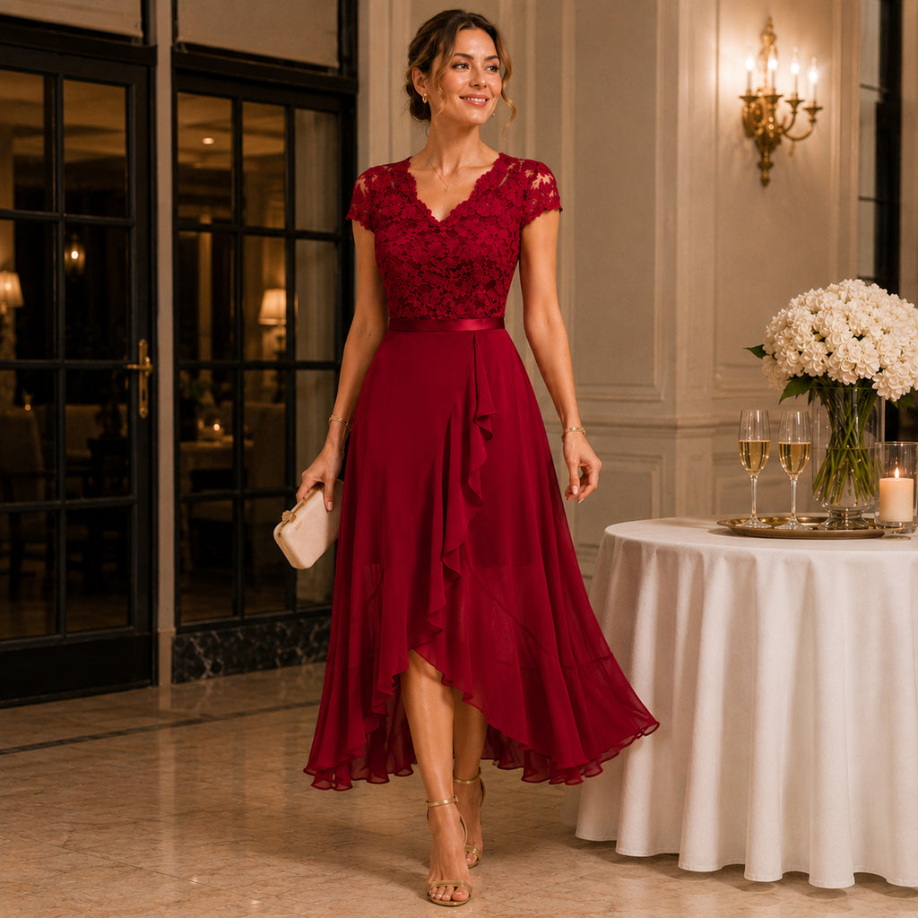 Monvaline | Women's Lace Midi Dress V-Neck Elegant A-Line High Waist Dress