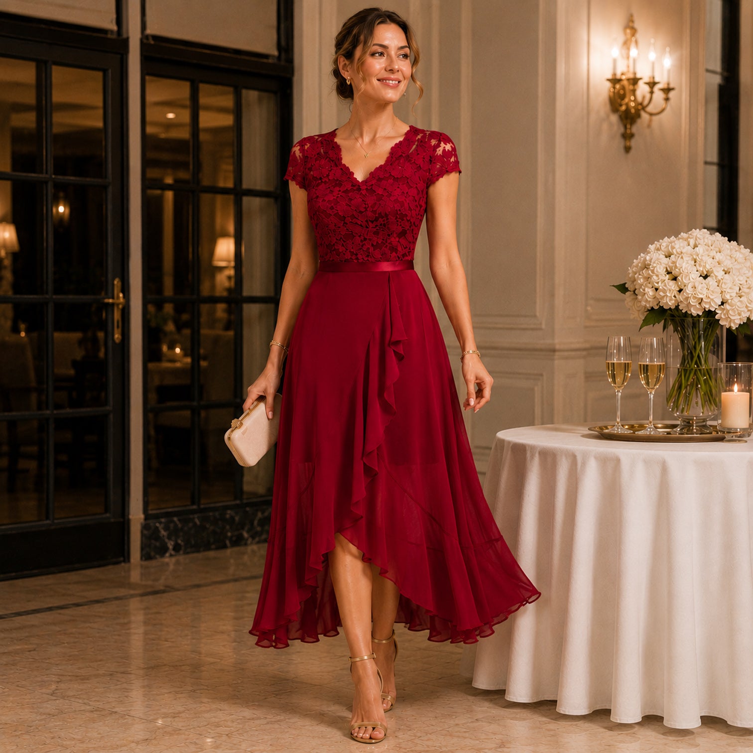 Monvaline | Women's Lace Midi Dress V-Neck Elegant A-Line High Waist Dress