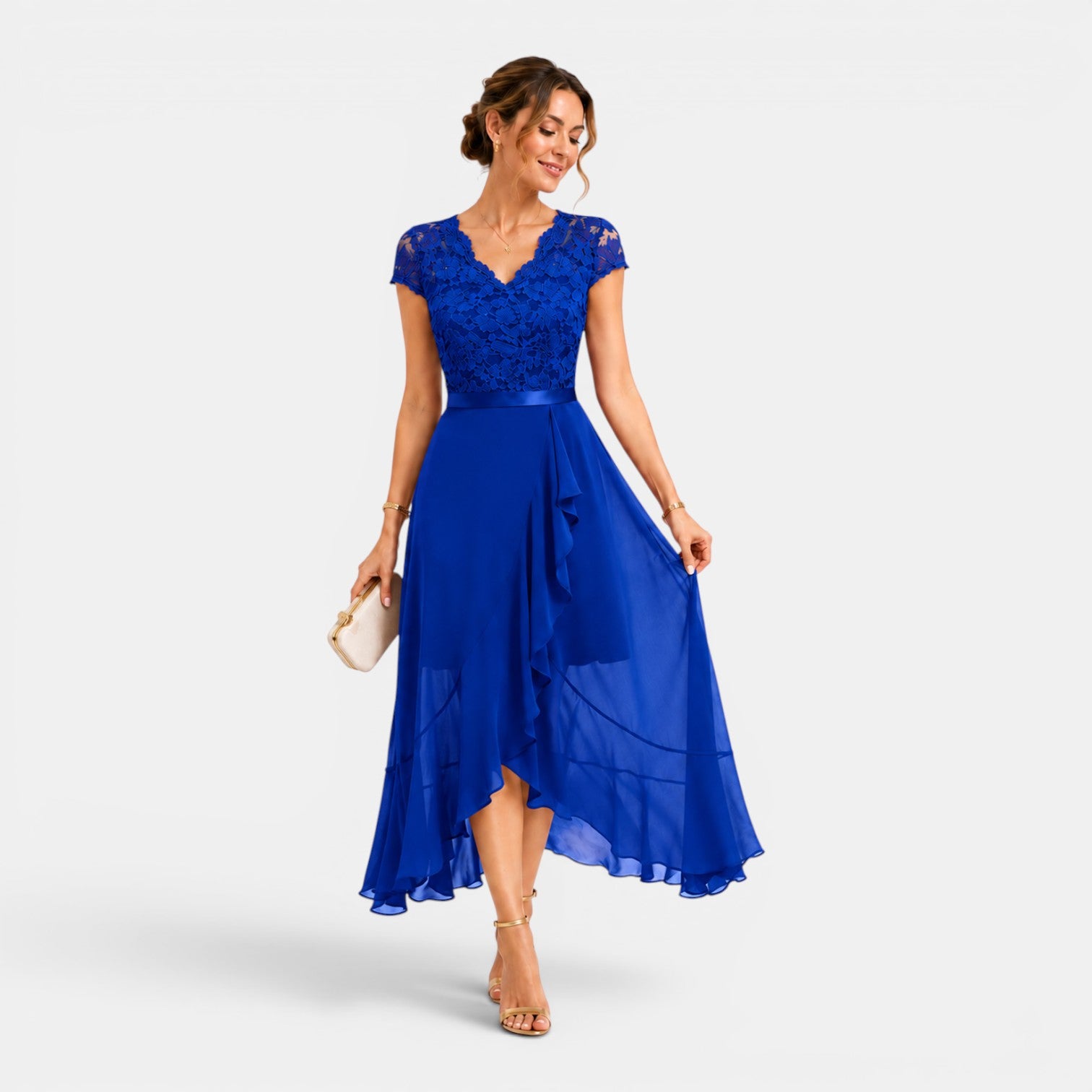 Monvaline | Women's Lace Midi Dress V-Neck Elegant A-Line High Waist Dress