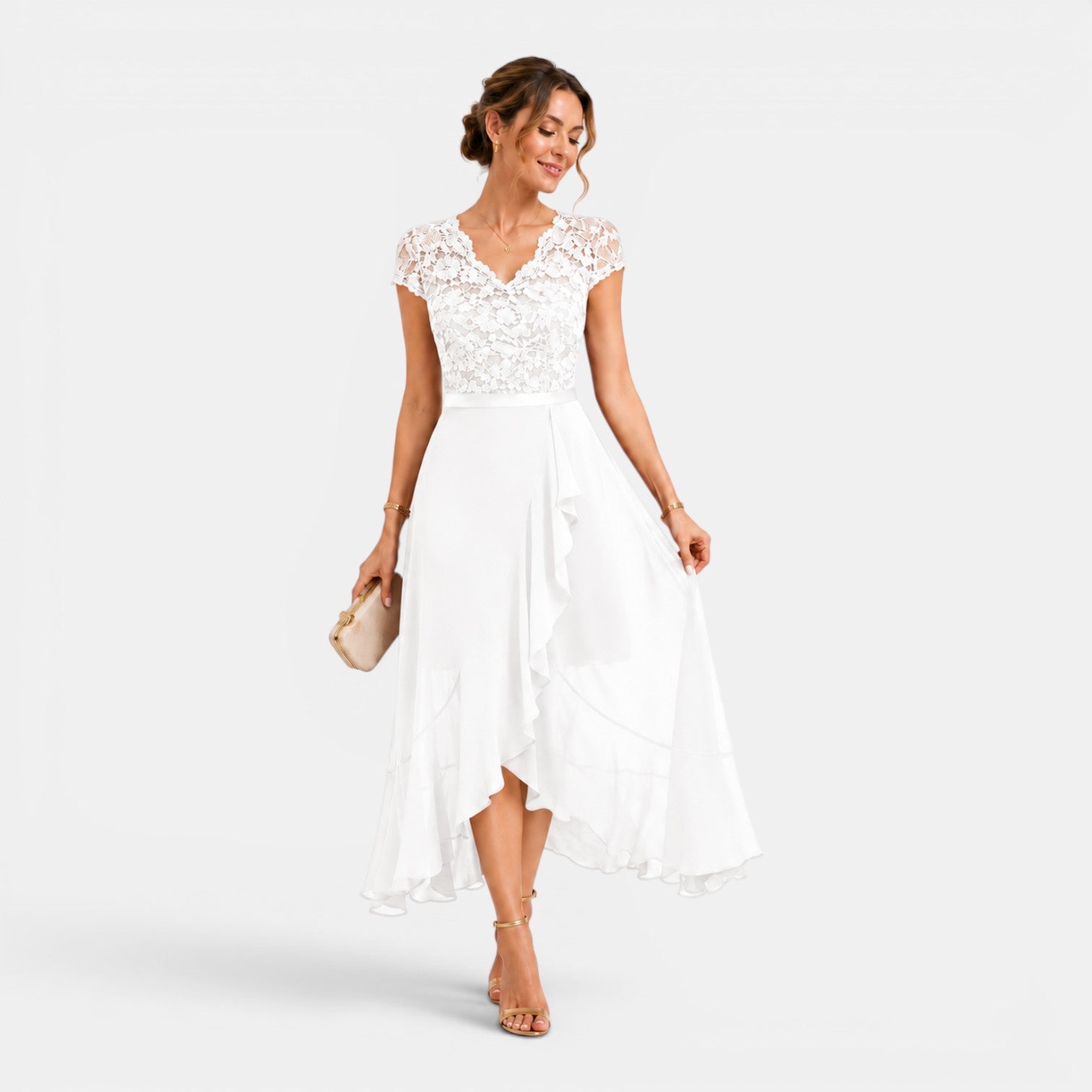 Monvaline | Women's Lace Midi Dress V-Neck Elegant A-Line High Waist Dress