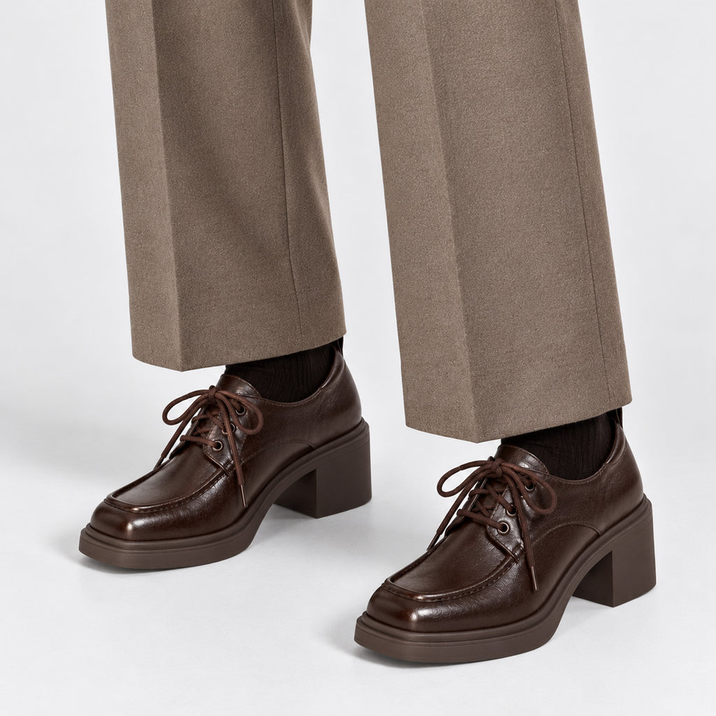Monvaline | Women's Leather Lace-Up Loafers with Chunky Block Heel