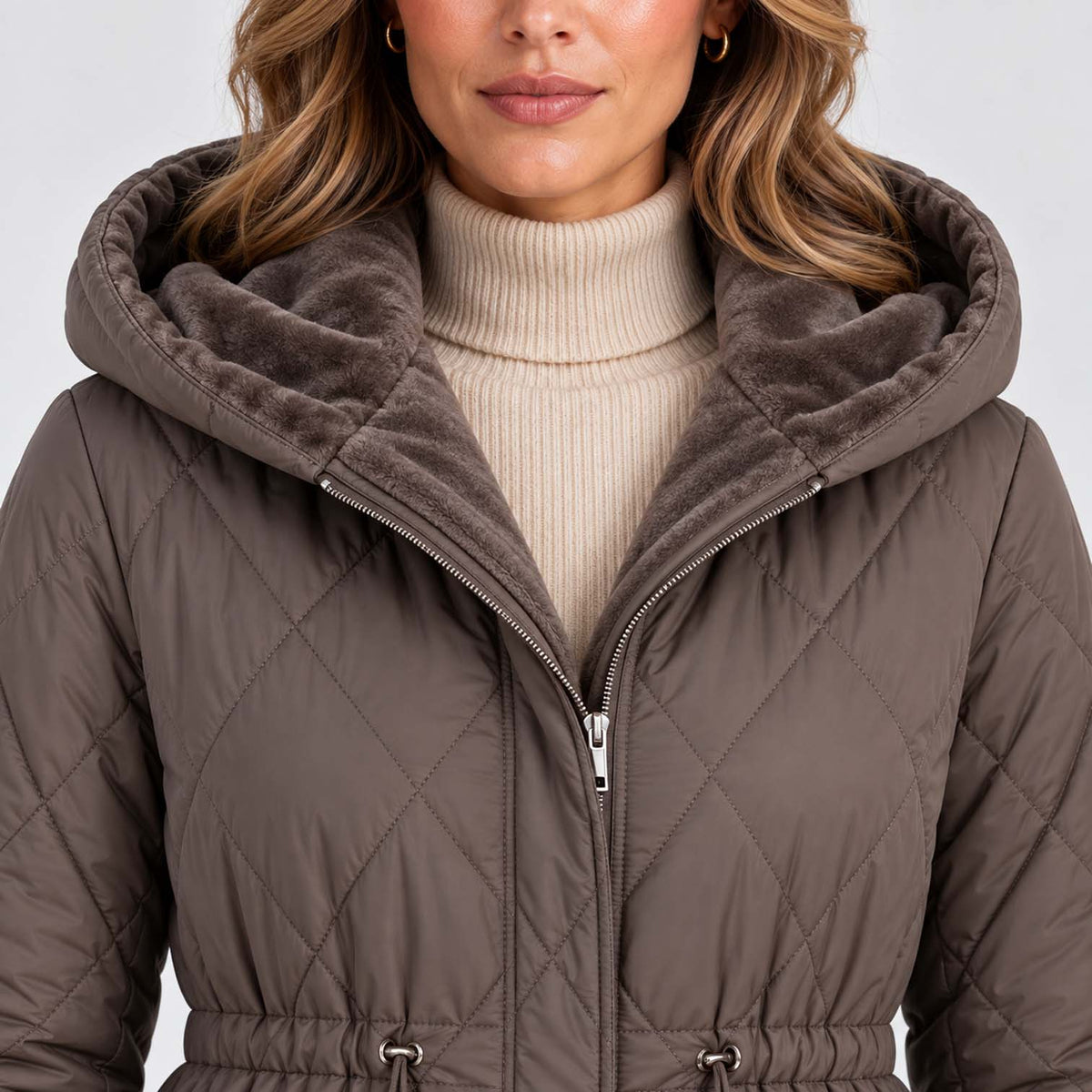 Monvaline | Women's Long Puffer Coat, Faux Fur Collar, Diamond Quilted